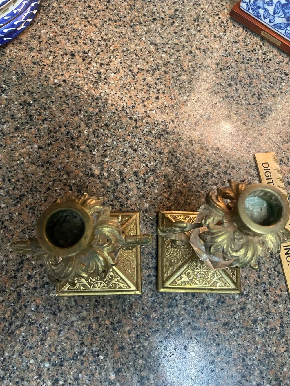Vintage Brass & Faceted Crystal Candlestick Holders Pair